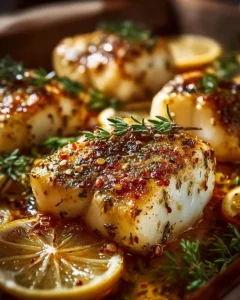 Baked cod fillets garnished with lemon slices and garlic