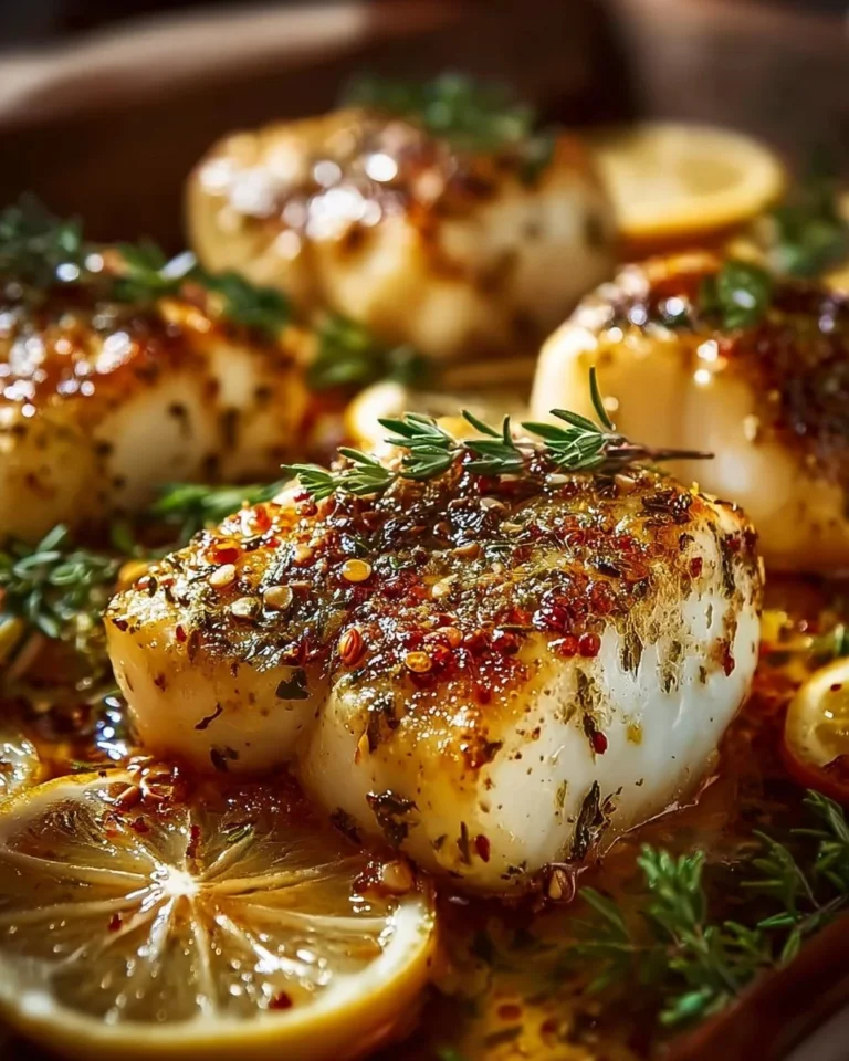 Baked cod fillets garnished with lemon slices and garlic