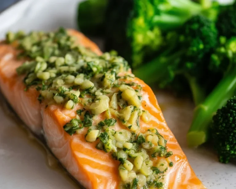 Baked salmon with garlic butter sauce on a baking sheet ready to serve