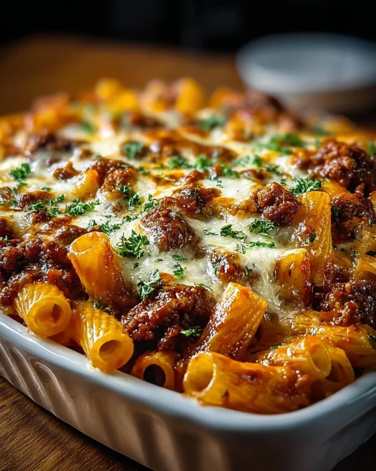 Delicious baked ziti with ground beef and ricotta in a cheesy tomato sauce