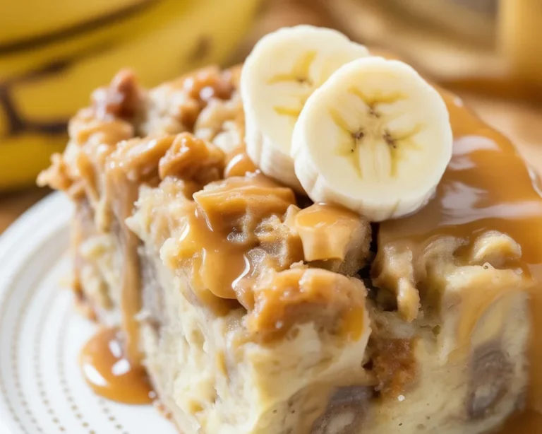 Delicious banana bread pudding baked with ripe bananas and spices.