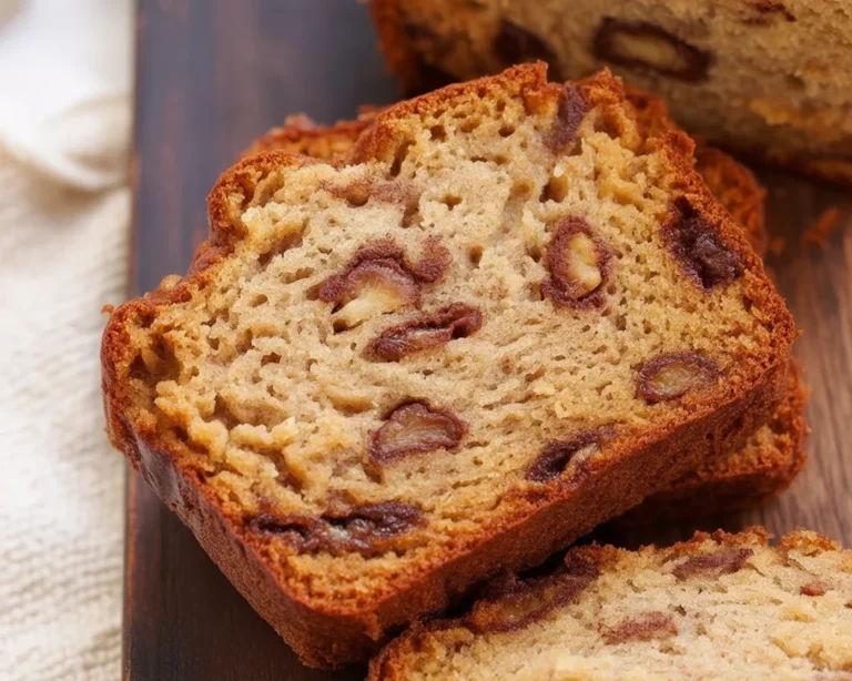 Delicious gluten free banana bread sliced on a wooden cutting board.