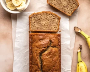 Moist banana bread recipe without baking soda, featuring ripe bananas.