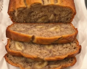 Delicious eggless banana bread made with ripe bananas and no egg substitutes.