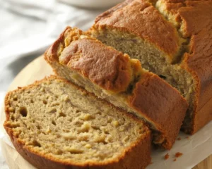 Healthy banana bread made with applesauce and ripe bananas.