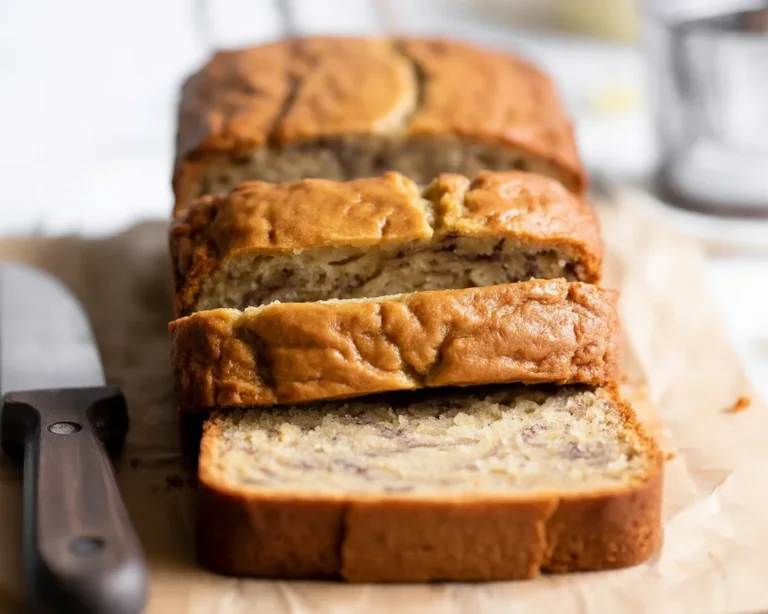 Slice of moist banana bread made with buttermilk on a wooden cutting board.
