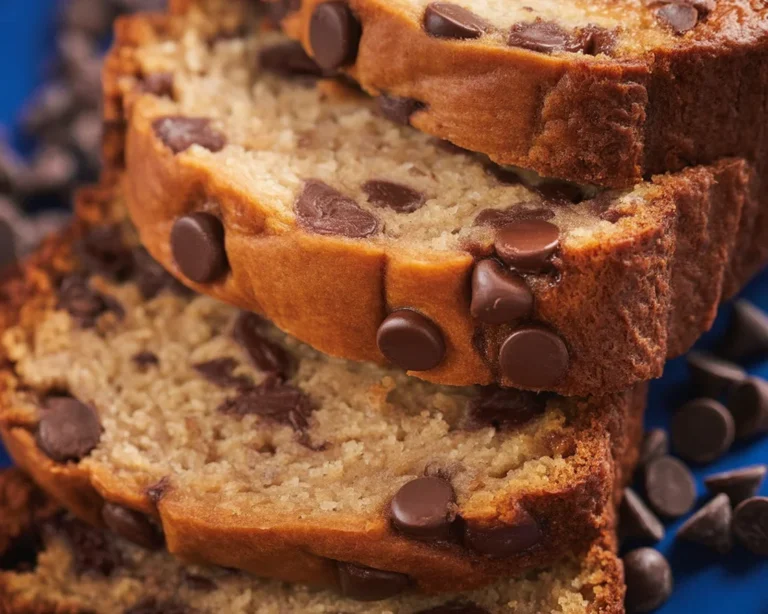Slice of moist banana bread with chocolate chips on a wooden board.