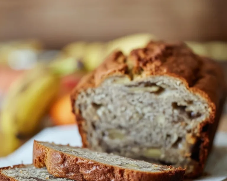 A homemade loaf of banana bread with walnuts, fresh from the oven.