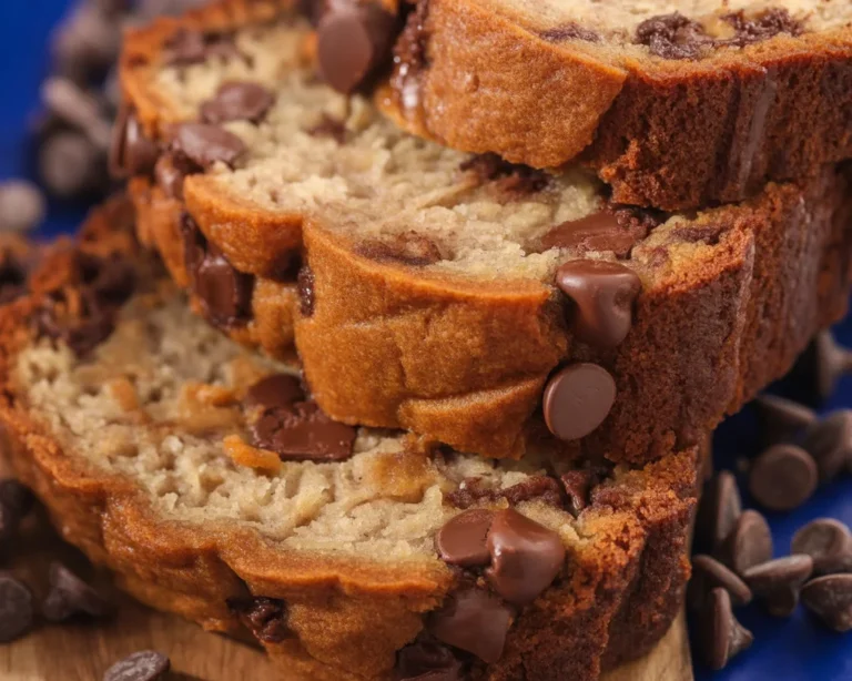 Moist chocolate chip banana bread fresh out of the oven, sliced and ready to serve.