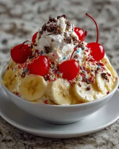 Delicious Banana Split Fluff dessert with bananas, whipped cream, and cherries