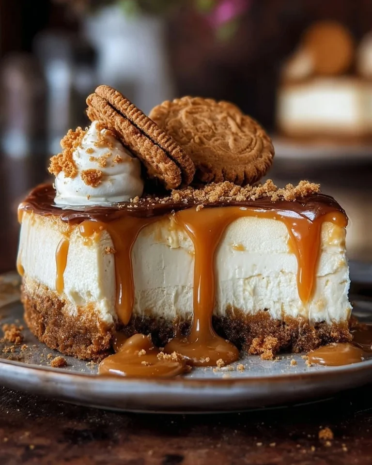 Delicious Biscoff caramel cookie butter cheesecake slice on a plate
