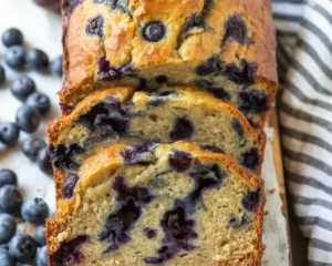 Moist and delicious blueberry banana bread made with fresh berries and ripe bananas.