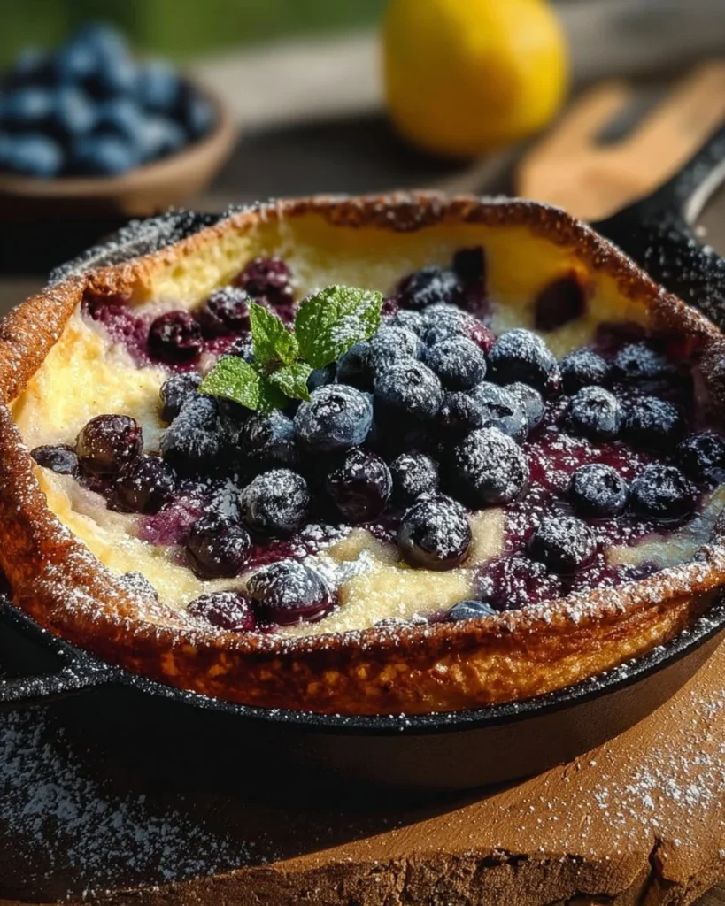 Fluffy Blueberry Lemon Dutch Baby served with fresh berries