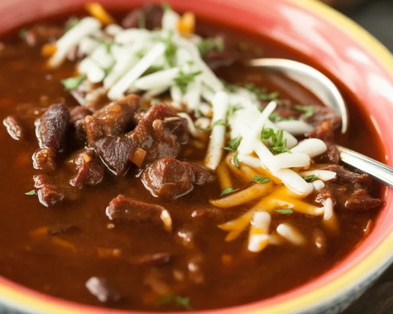 Delicious bowl of brisket chili garnished with herbs and served with cornbread.