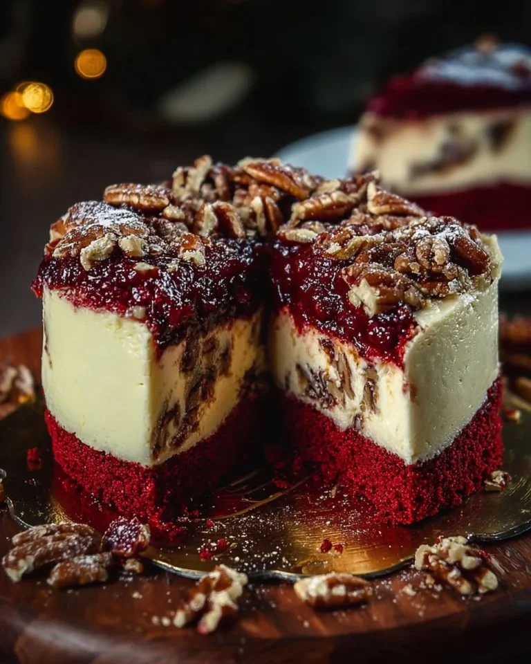 Delicious Butter Pecan Red Velvet Cheesecake topped with pecans