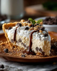 Delicious cannoli cream pie with chocolate chips and whipped cream topping