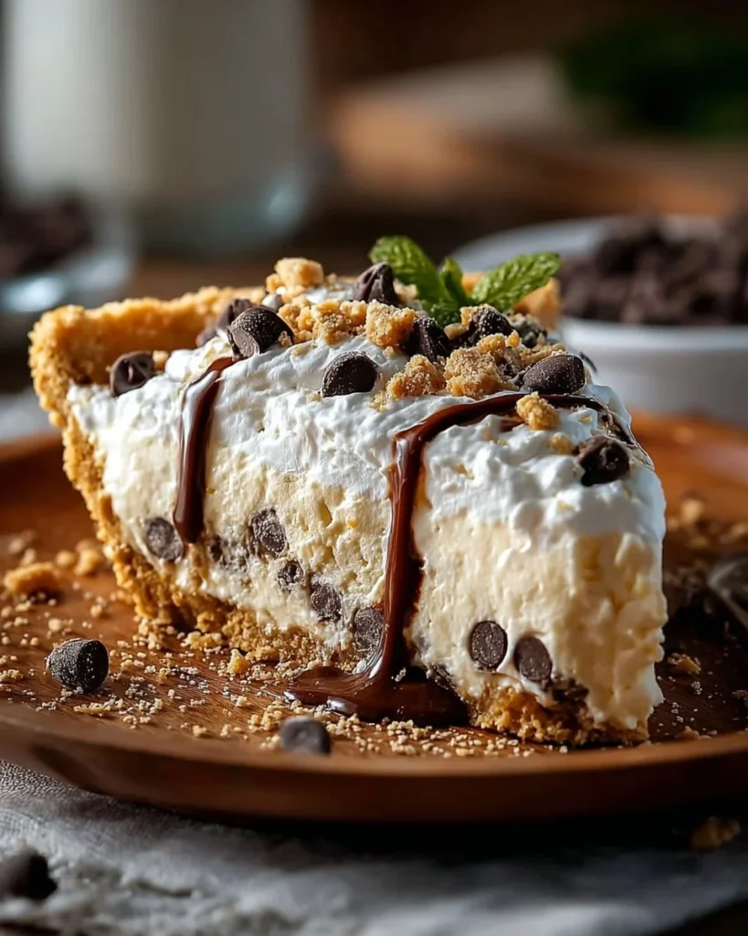 Delicious cannoli cream pie with chocolate chips and whipped cream topping