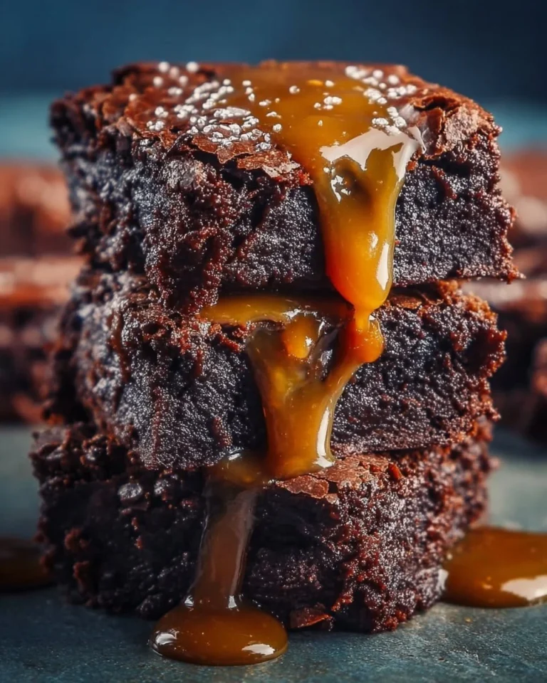 Decadent caramel fudge brownies topped with a glossy fudge layer