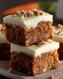 Delicious carrot cake bars with cream cheese frosting on a rustic wooden table