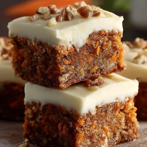 Delicious carrot cake bars with cream cheese frosting on a rustic wooden table