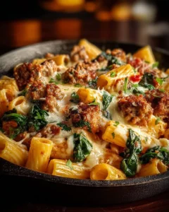 Cheesy beef rigatoni with Italian sausage in garlic butter sauce