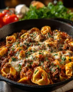 Cheesy Enchilada Beef Tortellini Skillet with flavorful beef and cheese topping