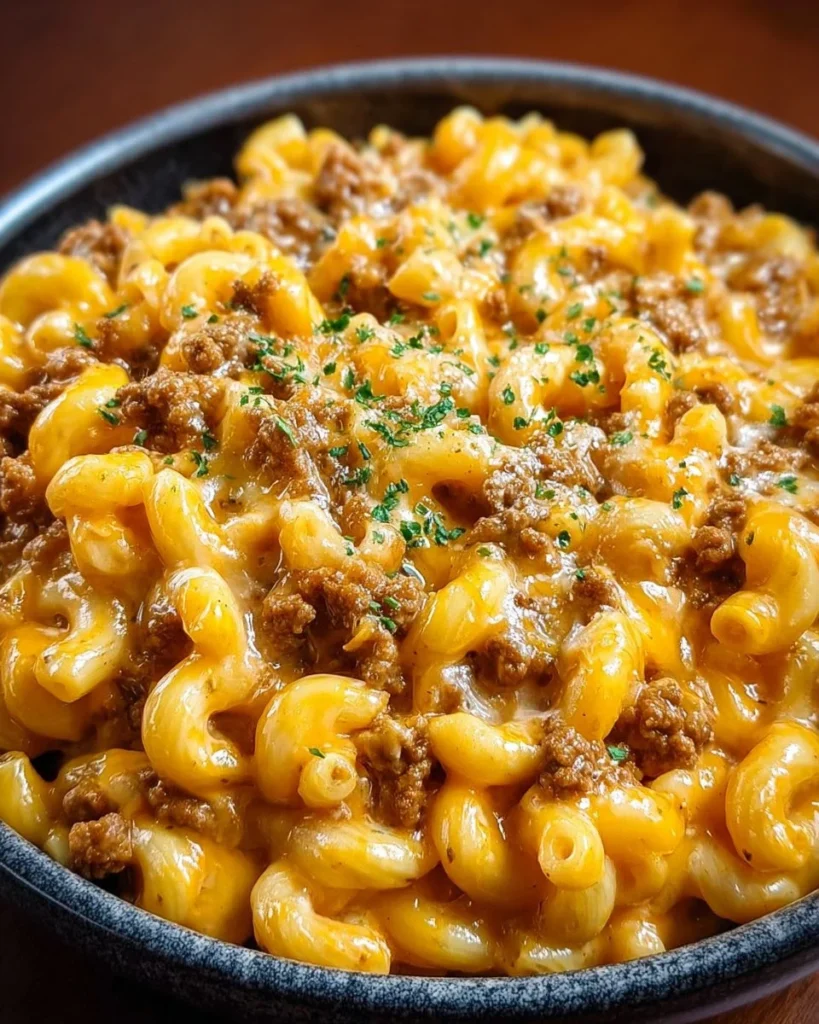 Bowl of cheesy homemade hamburger helper with ground beef and pasta