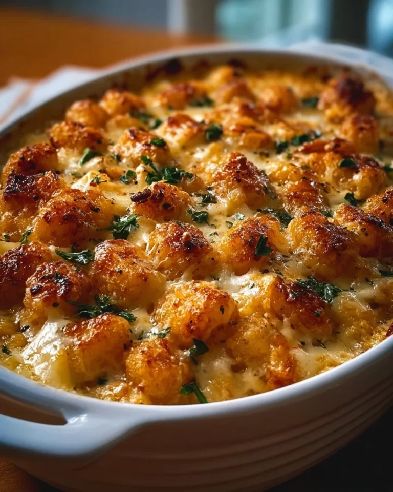 Delicious Chicken Alfredo Tater Tot Casserole topped with cheese and herbs