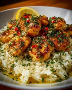 Delicious Chicken Scampi served with creamy garlic Parmesan rice