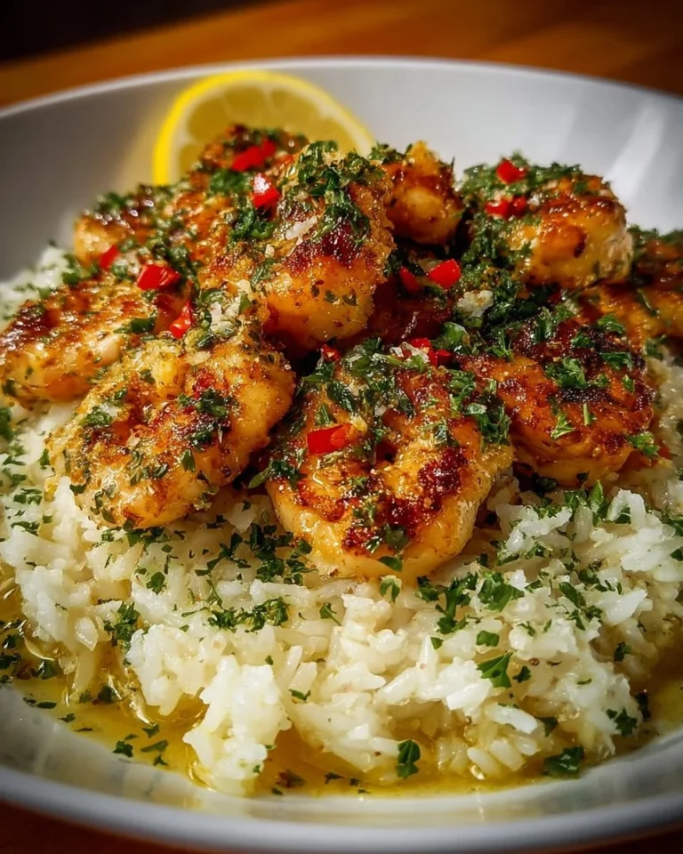 Delicious Chicken Scampi served with creamy garlic Parmesan rice