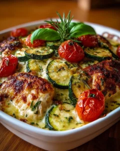 Delicious Chicken Zucchini Bake served in a casserole dish