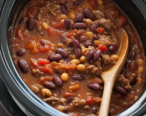 Hearty slow cooker chili with beans and spices in a bowl.