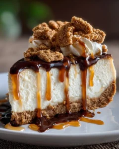 Slice of Cinnamon Toast Crunch Cheesecake topped with cereal and whipped cream
