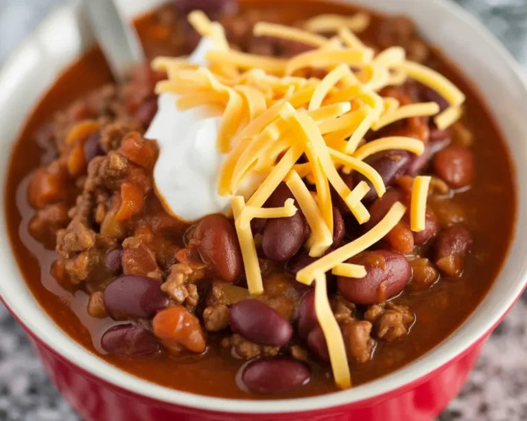 Classic chili recipe with ground beef, beans, and spices in a pot