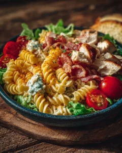 Delicious Club Sandwich Pasta Bowl garnished with fresh herbs and served in a bowl.
