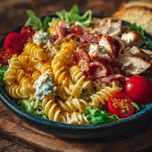 Delicious Club Sandwich Pasta Bowl garnished with fresh herbs and served in a bowl.