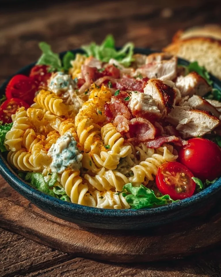 Delicious Club Sandwich Pasta Bowl garnished with fresh herbs and served in a bowl.