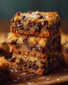 Delicious Coconut Toffee Chocolate Chip Cookie Bars on a wooden table