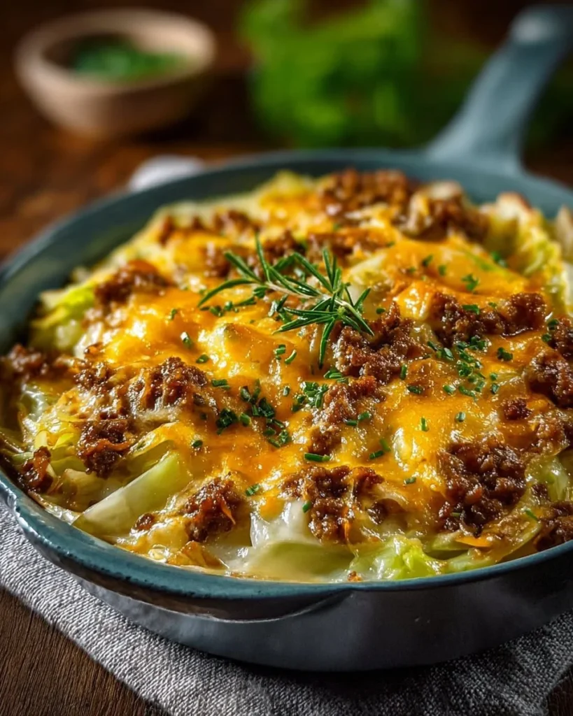 Delicious creamed cabbage and ground beef casserole served in a baking dish