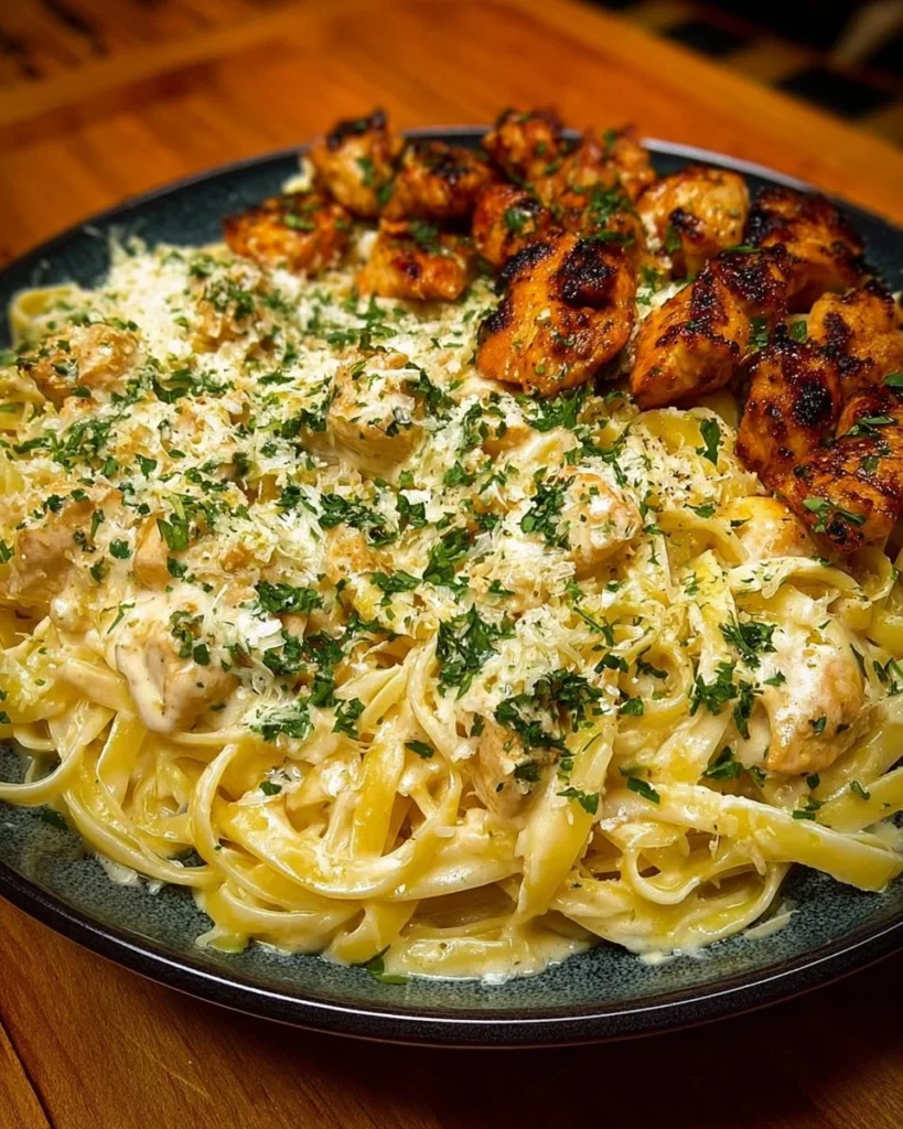 Creamy garlic butter chicken served with linguine in Alfredo sauce