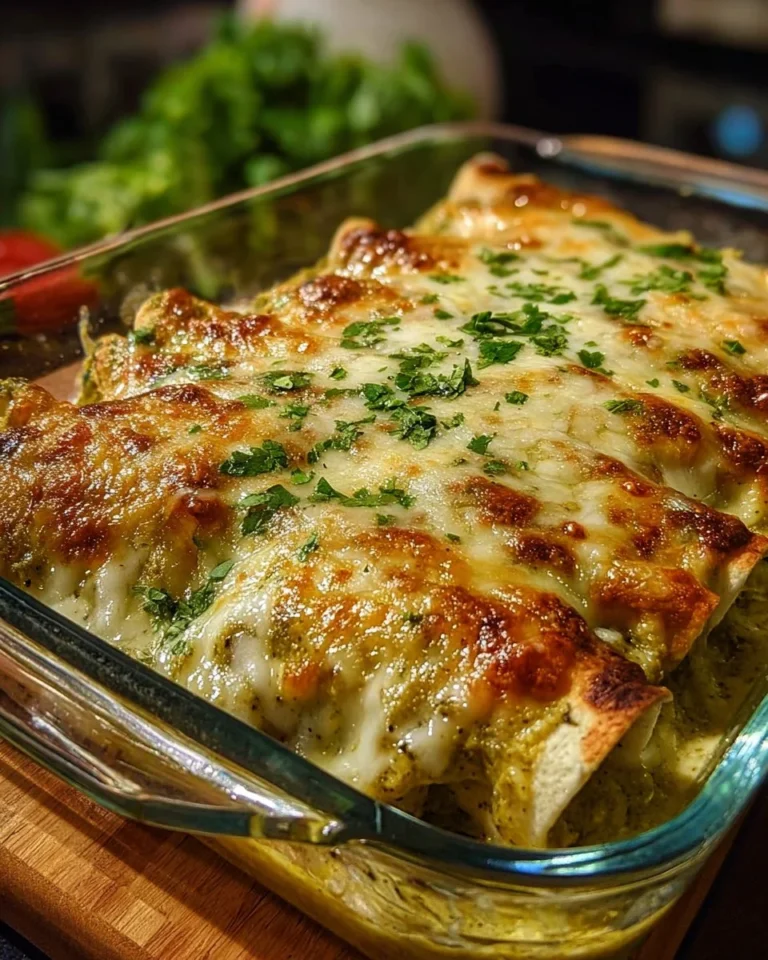 Creamy green chile chicken enchiladas topped with cheese and cilantro