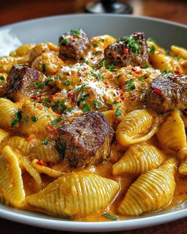 Creamy paprika steak shells served on a plate, garnished with fresh herbs.
