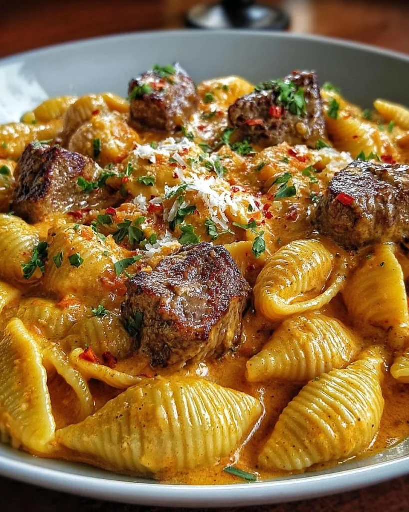 Creamy paprika steak shells served on a plate, garnished with fresh herbs.