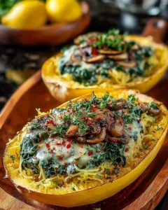 Creamy spinach and mushroom stuffed spaghetti squash dish