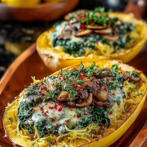 Creamy spinach and mushroom stuffed spaghetti squash dish