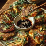 Crispy vegetable pancakes served with Asian dipping sauce on a plate