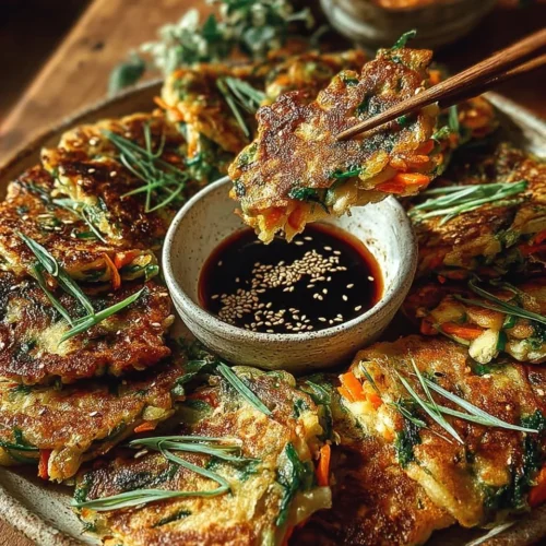 Crispy vegetable pancakes served with Asian dipping sauce on a plate