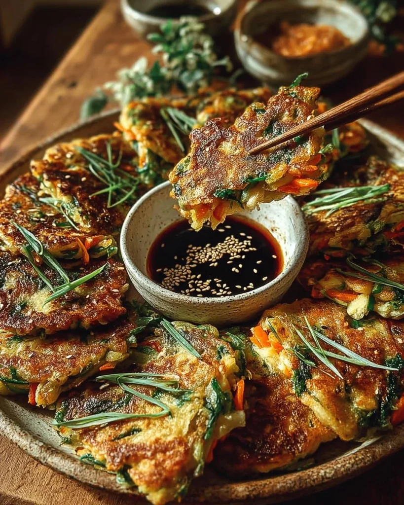 Crispy vegetable pancakes served with Asian dipping sauce on a plate