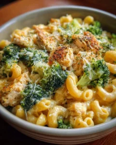 Crockpot Chicken and Broccoli Mac and Cheese served in a bowl
