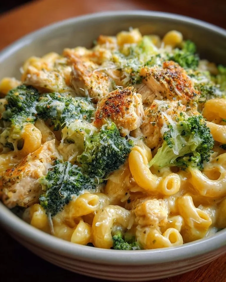 Crockpot Chicken and Broccoli Mac and Cheese served in a bowl